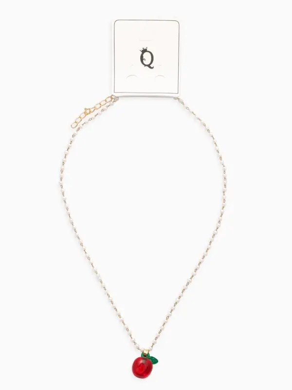 Кулон на жемчужной дорожке "Яблочко", цвет бело-красный в золоте 44+удл.