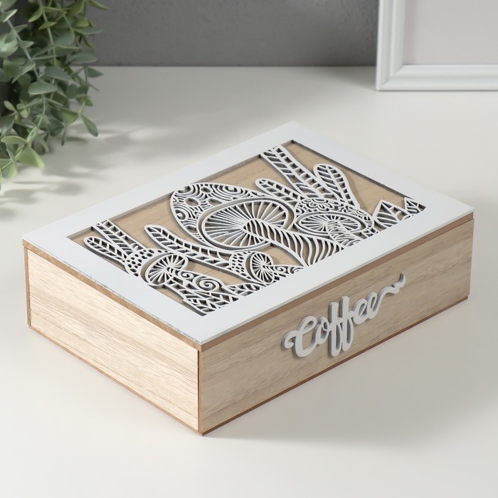 Шкатулка дерево 6 делений "Грибы" бежево-белая 17х24х7 см