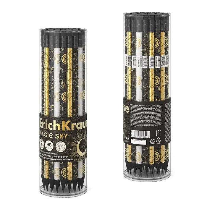 Карандаш чернографитный, ErichKrause &laquo;Magic Sky&raquo;, HB, d=2.2 мм, с ластиком, трeхгранный, в тубусе, дерево, микс