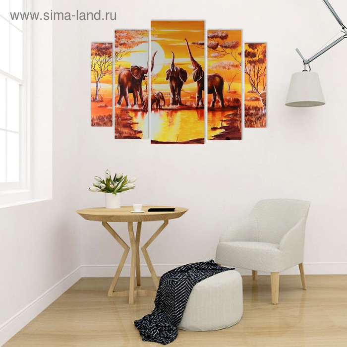 Картина модульная на подрамнике "Слоны на водопое" 2-14х53, 2-21х69,5 1-34х79; 80х118см