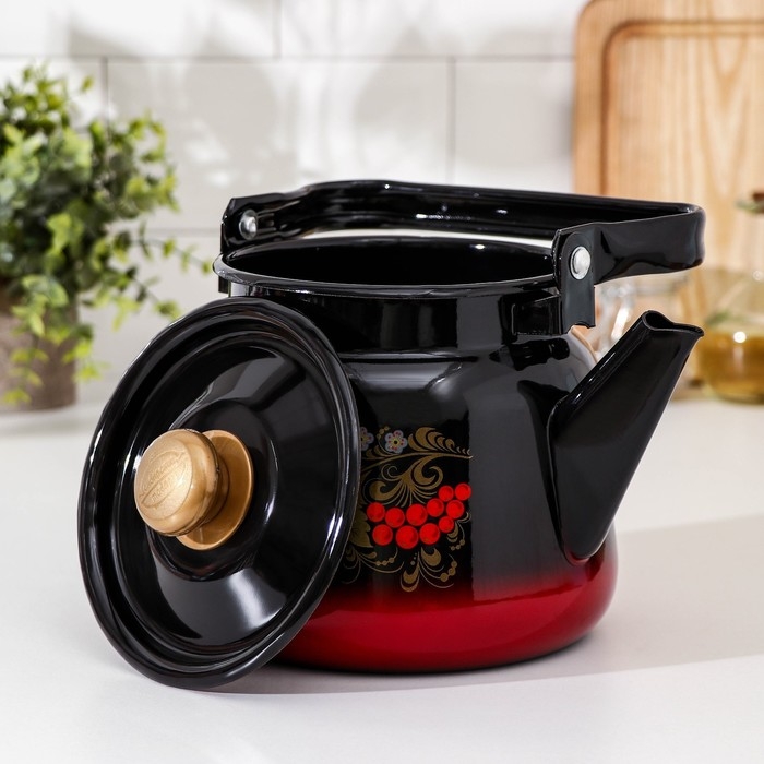 Чайник эмалированный &laquo;Рябина&raquo;, 2,3 л, цвет красно-чёрный, деколь МИКС