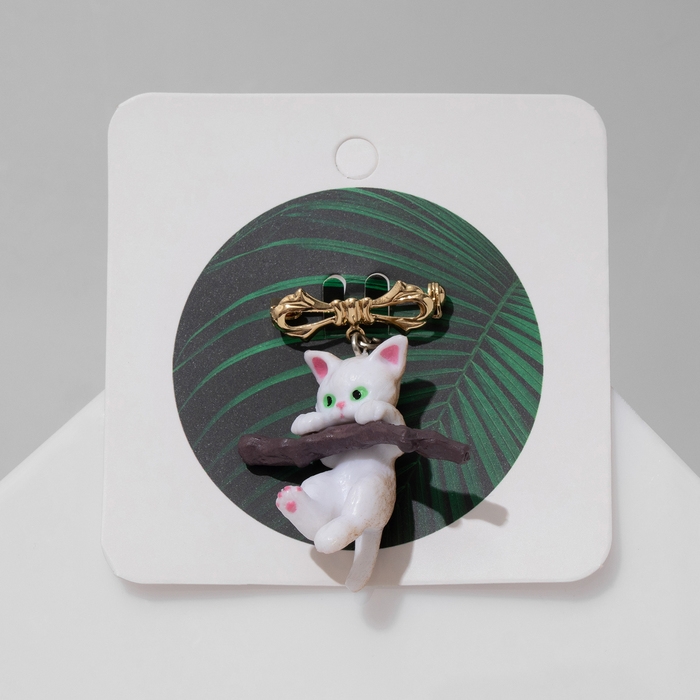 Брошь &laquo;Котёнок&raquo; на ветке, цвет бело-коричневый в золоте