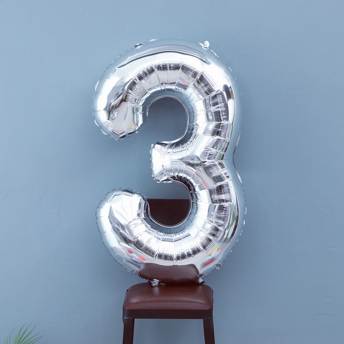 Шар фольгированный 40" Цифра 3, цвет серебряный
