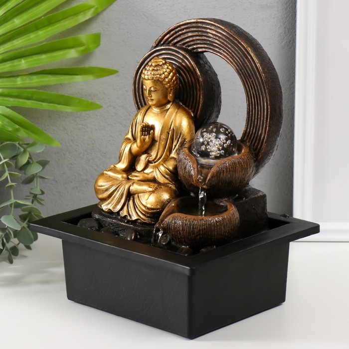 Фонтан настольный от сети, подсветка Фонтан настольный от сети, подсветка "Золотой Будда у фонтана с кольцами" 21х17,5х26 см