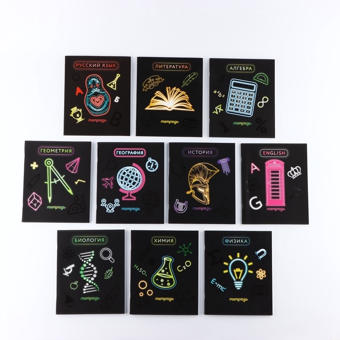Набор тетрадей 48 листов, 10 предметов, внутренний блок №1 МИКС &laquo;1 сентября: Неон&raquo; Софт тач лам, 3D лак
