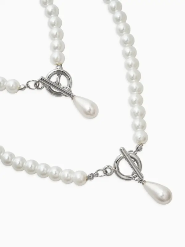 Набор 2 пред-та: бусы.браслет "Жемчуг", капелька, цвет белый в серебре L=18/42см №8