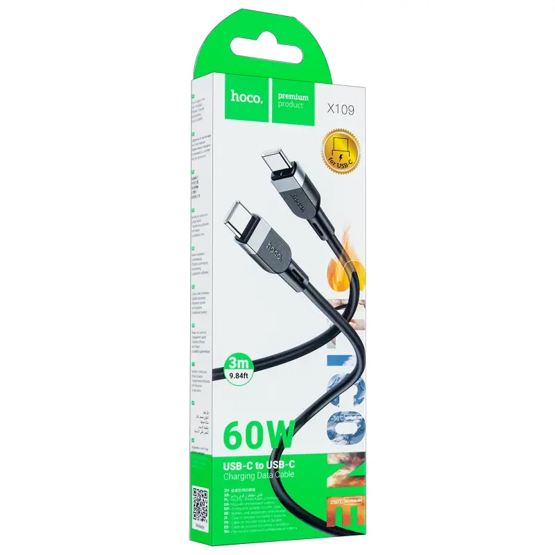 Кабель X109 Type-C на Type-C 3M 60W HOCO черный