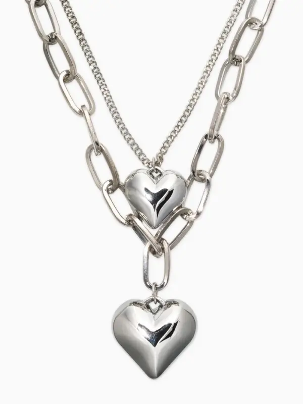 Кулон на цепочке крупное вытянутое звено 2 яруса "Сердечки", цвет серебро