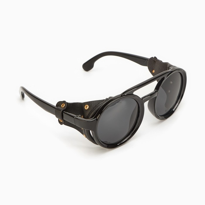 Очки солнечные круглые, uv 400, кожаные шторки, дужка 14.1 см, ширина 12.1 см, линза 5.2 х 5 см, чер