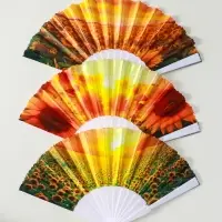 Веер пластик, текстиль "Подсолнухи" МИКС широкие лопасти 23 см