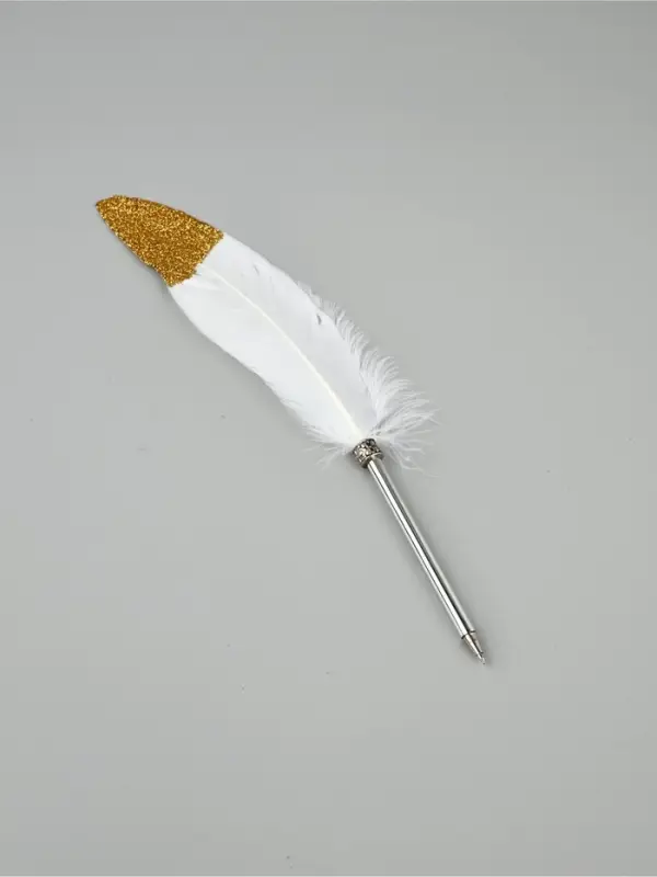 Перо белое+блестки золото (наконечник ручка), дл.25 см