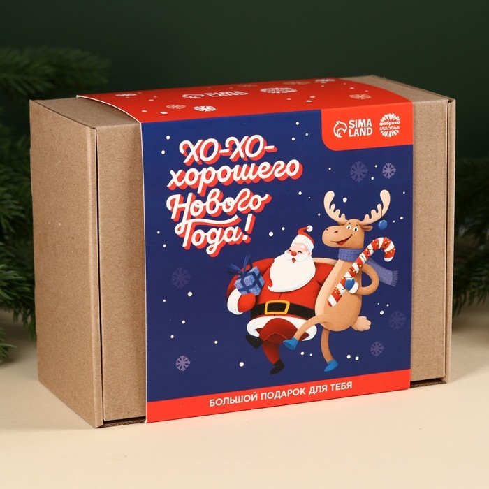 Большой гифтбокс &laquo;Хо-хо-хорошего Нового года&raquo;: жевательная конфета, молочный шоколад, кружка, печенье с предсказанием, жевательная резинка.