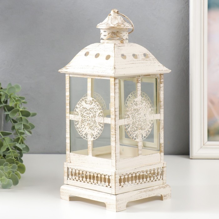 Подсвечник металл, стекло "Фонарь - круглый цветок" белый с патиной 12,5х12,5х30см