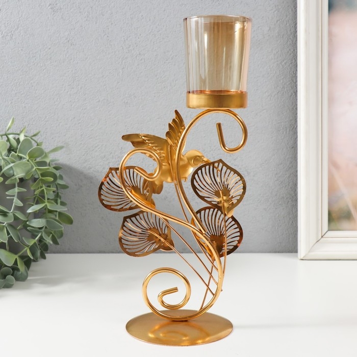 Подсвечник металл, стекло на 1 свечу "Полет колибри" d=4,7 см, золото 15,5х9х27,8 см