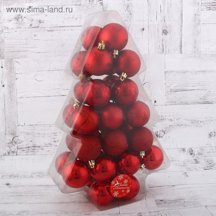 Набор шаров пластик d-5 см, 34 шт "Ёлочка - снежинки и горох" красный