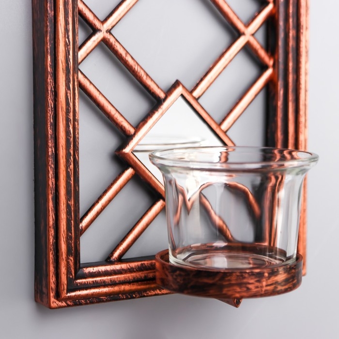 Подсвечник пластик, стекло на 1 свечу "Зеркальные ромбы" н-р 2 шт d-4 см золото 8х12х30,5 см   90688