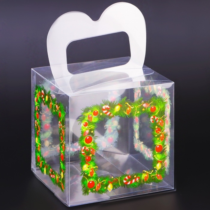 Новый год. Коробка подарочная новогодняя складная ПВХ Новый год. Коробка подарочная новогодняя складная ПВХ "Новогодние игрушки" 10 х 10 х 10 см.