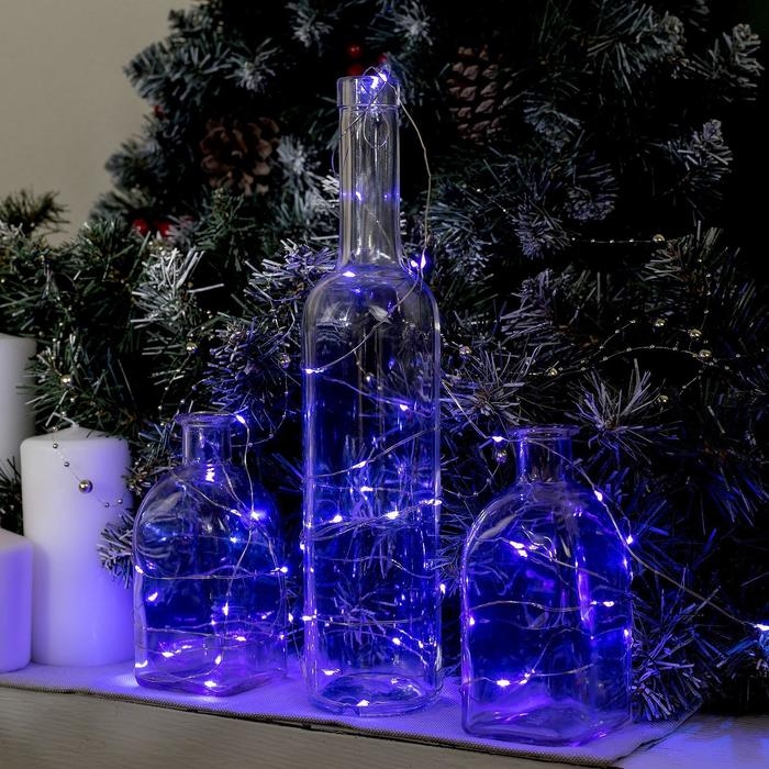 Гирлянда &laquo;Нить&raquo; 5 м роса, IP20, серебристая нить, 50 LED, батарейки CR2032х2 (в комплекте), свечение фиолетовое