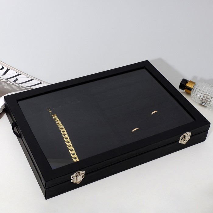 Подставка для украшений &laquo;Шкатулка&raquo; 10 крючков и 7 полос , 35&times;24&times;5, стеклянная крышка, цвет чёрный