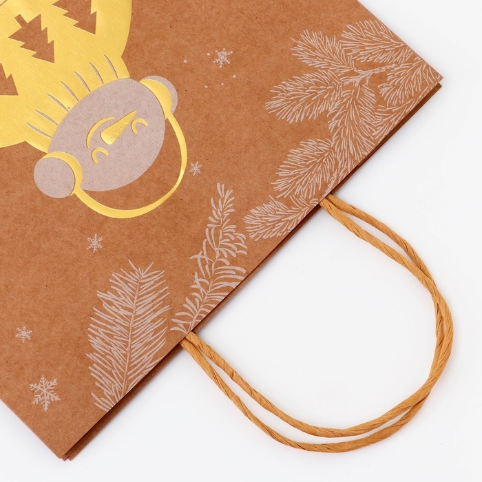 Пакет крафт с золотым тиснением, Пакет крафт с золотым тиснением, "Снеговик" круглая ручка, 33 х 25 х 12 см, 120 г