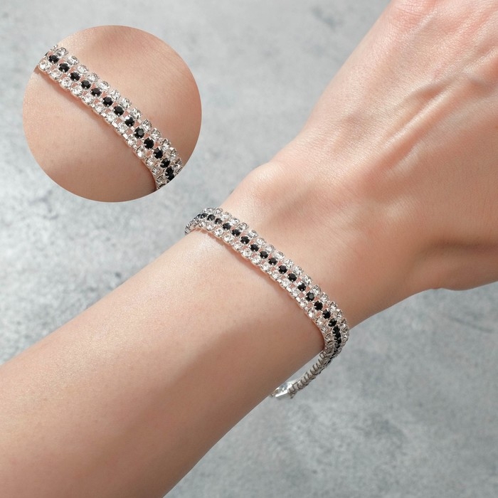 Браслет со стразами &laquo;Лёд&raquo; элегантность, строчки, цвет бело-чёрный в серебре, 18см