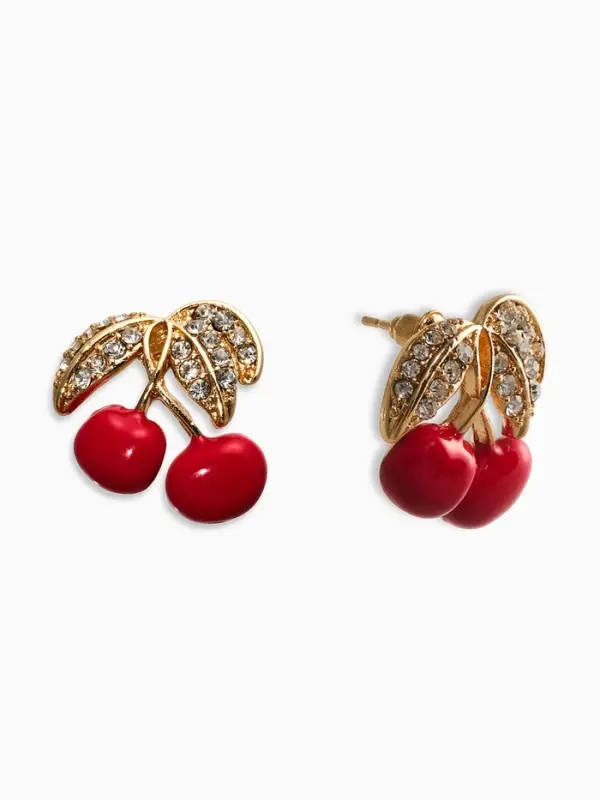 Серьги со стразами "Вишня", цвет бело-красный в золоте