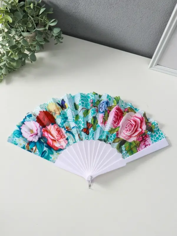 Веер пластик, текстиль "Цветы и узоры" МИКС широкие лопасти, золото 23 см