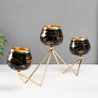 Подсвечник металл на 3 свечи "Чёрный мрамор с золотыми прожилками - зиг-заг" золото 41х19см