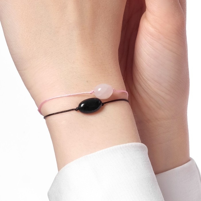 Парные браслеты желаний &laquo;Кварц розовый с обсидианом&raquo; инь-ян на розовой и чёрной нитях, 11см