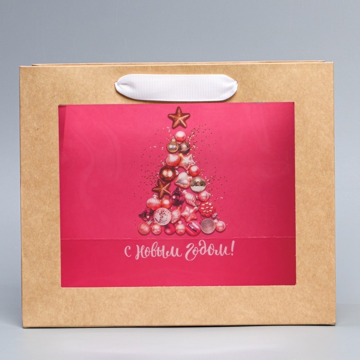 Пакет подарочный новогодний крафтовый с пластиковым окном &laquo;Новогодние шары&raquo;, 24 х 20 х 11см