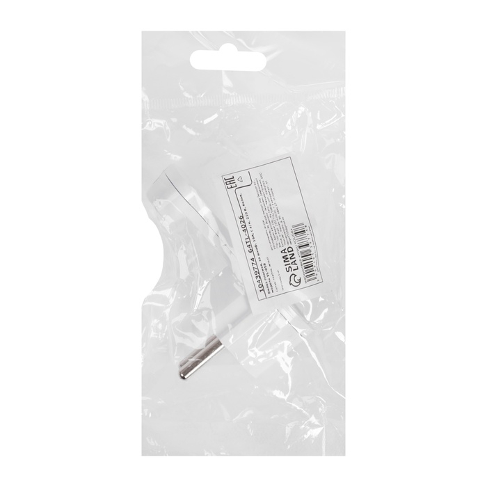 Вилка плоская, за шкаф, 16А, с з/к, 220 В, белая