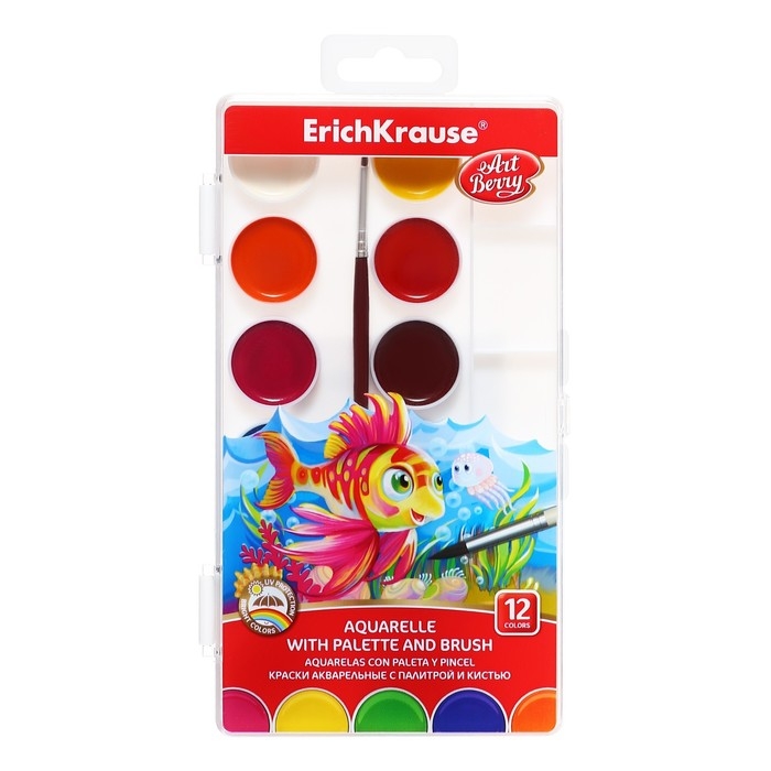 Акварель 12 цветов, ErichKrause ArtBerry, с УФ-защитой, палитра и кисть, пластик, европодвес