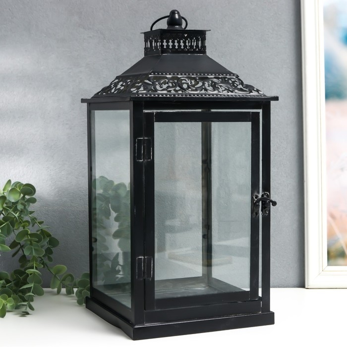 Подсвечник металл, стекло "Этна" чёрный набор 2 шт 19х19х39 см, 14х14х27 см