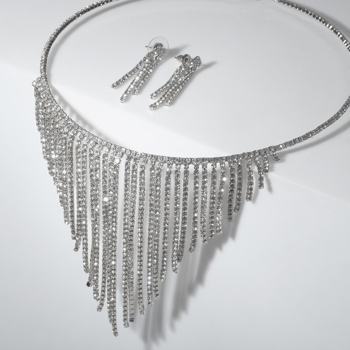 Набор 2 предмета: серьги, колье &laquo;Водопад&raquo; кольцо, цвет белый в серебре, d=13 см