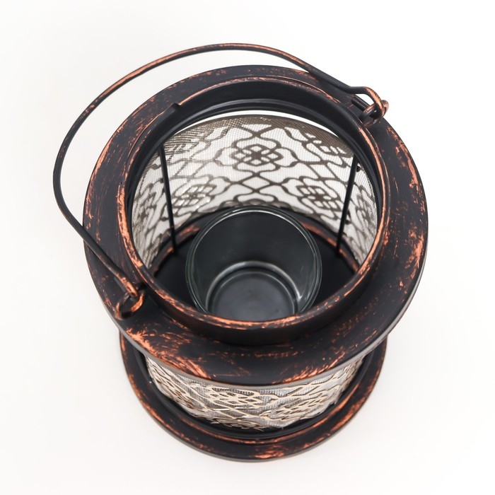 Подсвечник металл, стекло на 1 свечу "Узор на фонаре" патина на чёрном ручка 18х13,5х13,5 см   78228