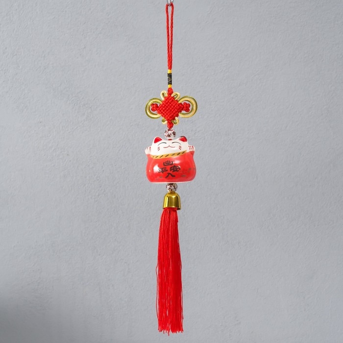 Подвеска керамика "Манэки-нэко с узлом счастья" красный 5х5х36 см