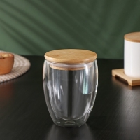 Стакан стеклянный с двойными стенками и бамбуковой крышкой BellaTenero &laquo;Эко&raquo;, 330 мл