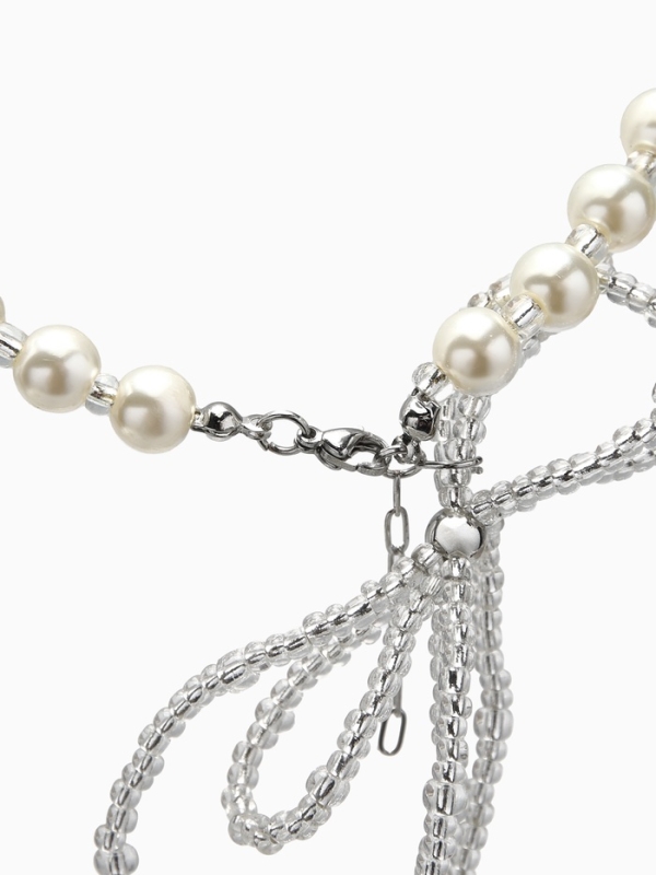Бусы с жемчугом &laquo;Бантик&raquo; двойной, цвет белый в серебре, 37 см