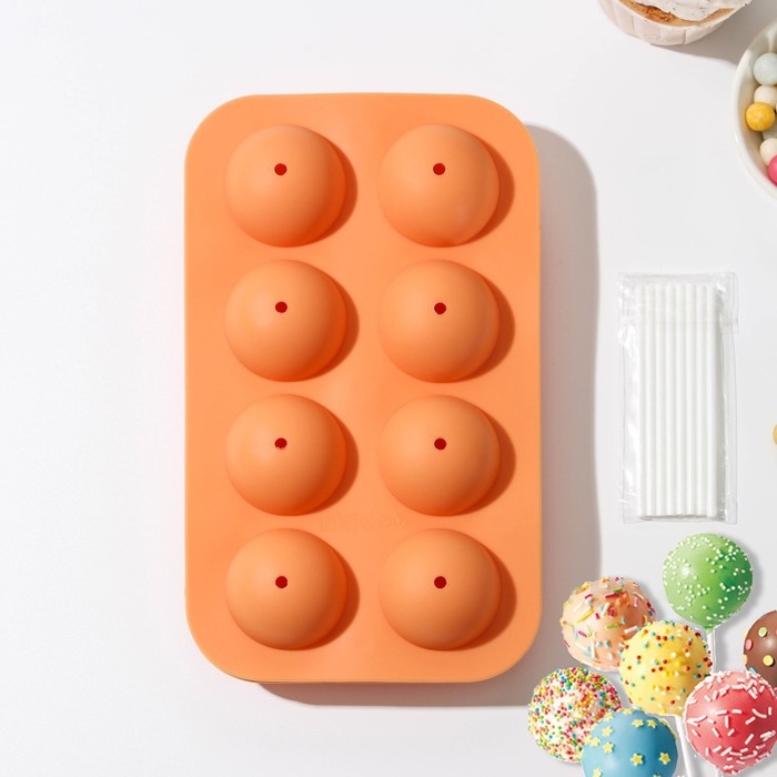 Форма для выпечки &laquo;Кейк. попс&raquo;, силикон, 19,5&times;11,7&times;3,5 см, 8 ячеек, 2 части, с палочками, цвет МИКС