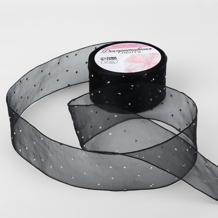 Лента капроновая, со стразами, 38 мм &times; 9,1 &plusmn; 0,5 м, цвет чёрный