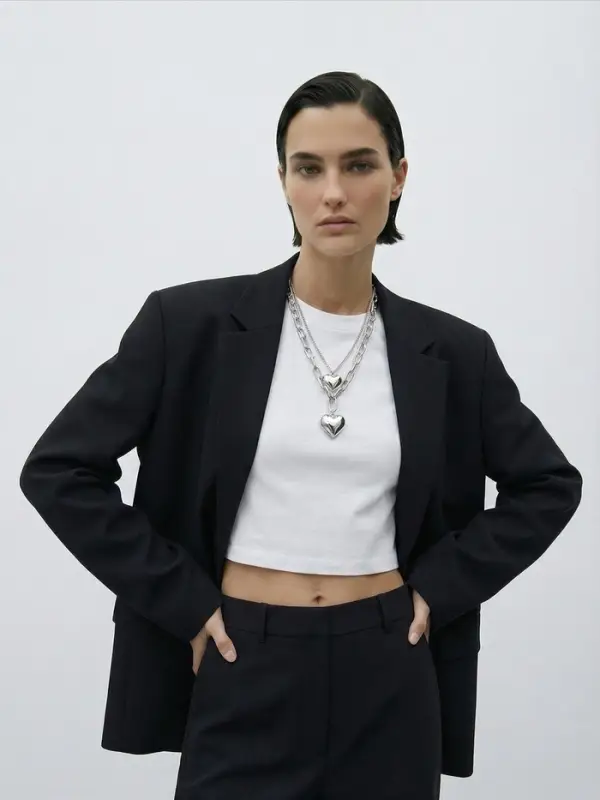 Кулон на цепочке крупное вытянутое звено 2 яруса "Сердечки", цвет серебро