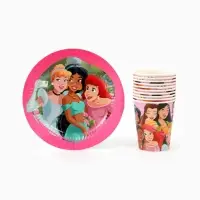 Посуда одноразовая бумажная на 10 персон: стаканы, тарелки, скатерть, Принцессы