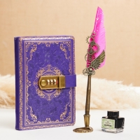 Набор подарочный 4в1 "Стимпанк": блокнот, перьевая ручка фиолетовая, чернила, наконечники