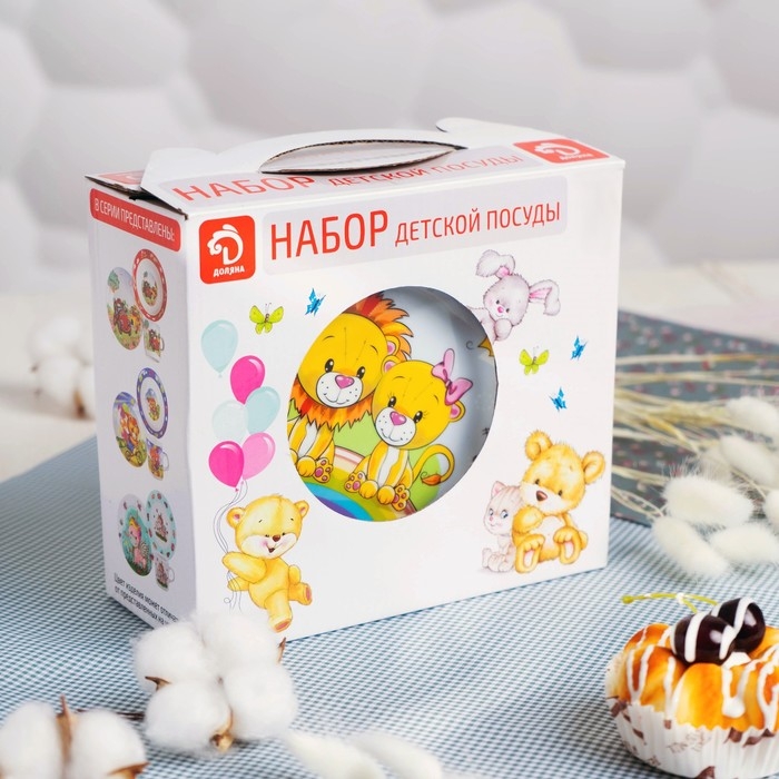 Набор детской посуды Доляна &laquo;Львята&raquo;, 3 предмета: кружка 230 мл, миска 400 мл, тарелка d=18 см, цвет белый