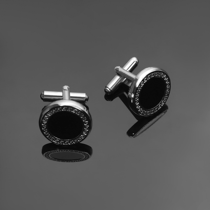 Запонки стальные «Классика» круг с эмалью, окантовка с орнаментом, цвет чёрный серебре Запонки стальные «Классика» круг с эмалью, окантовка с орнаментом, цвет чёрный серебре