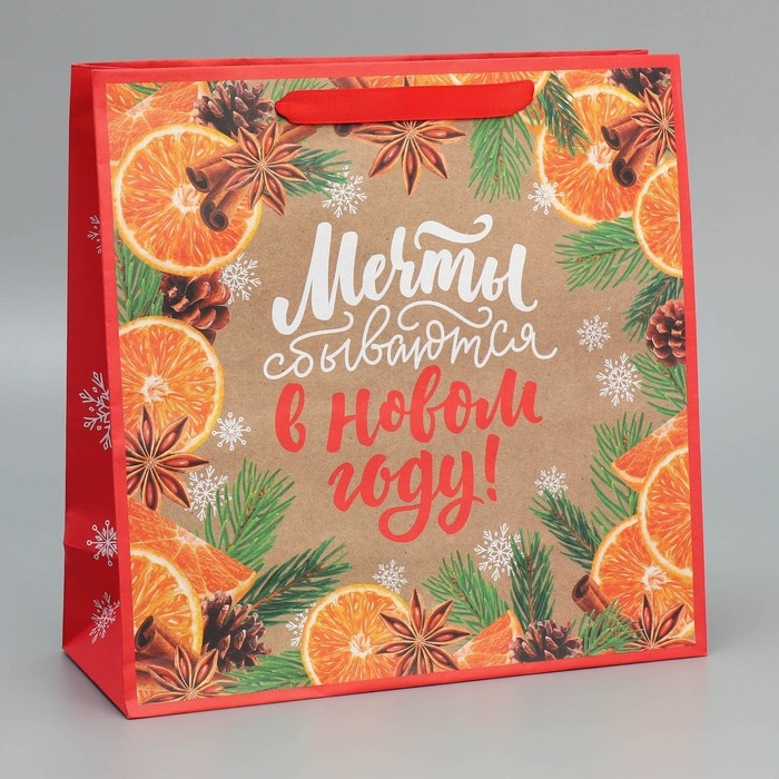 Пакет подарочный новогодний крафтовый квадратный &laquo;Мечты&raquo;, 30 х 30 х 12 см, Новый год