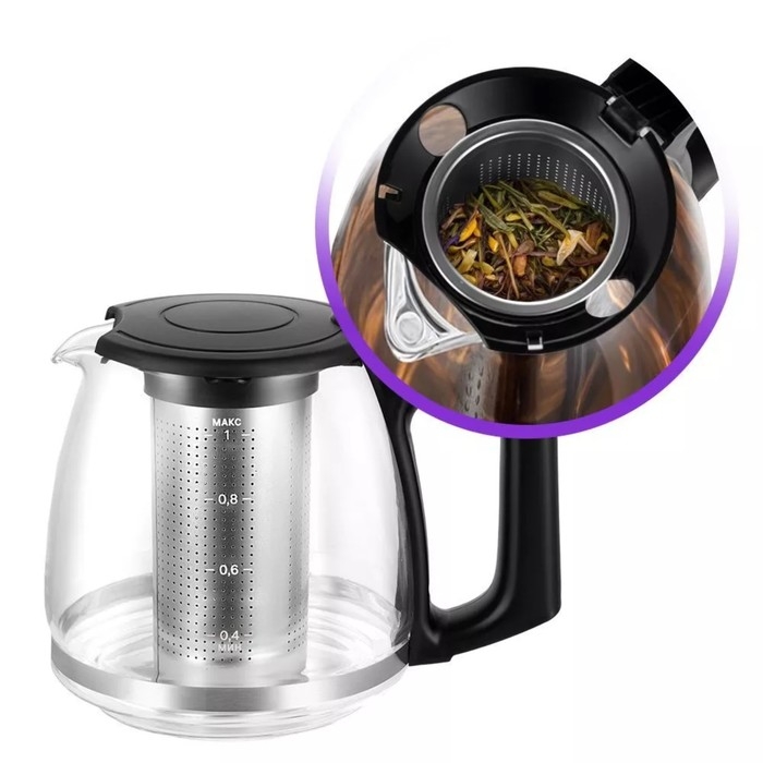Чайный набор Kitfort КТ-6609, стекло, 1.7/1 л, 2200 Вт, регулировка t&deg;, дисплей, чёрный