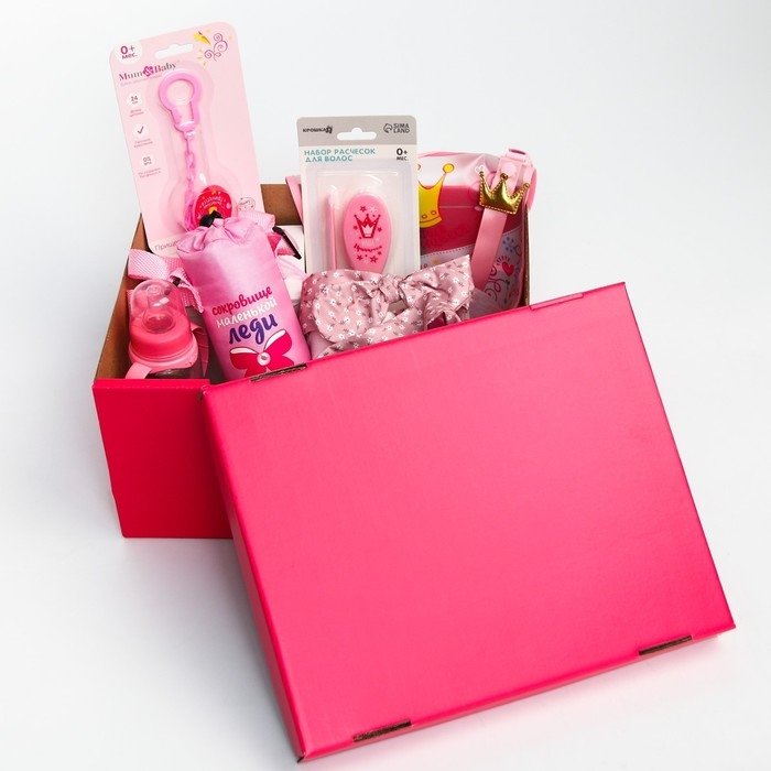 Подарочный набор &laquo;Принцесса&raquo; 13 в 1: бутылочка 2 шт., нагрудник, ниблер, контейнер для пустышки, держатель для пустышки 2 шт., набор расчесок, термосумка, многоразовый подгузник, набор повязок, набор посуды: тарелка, ложка