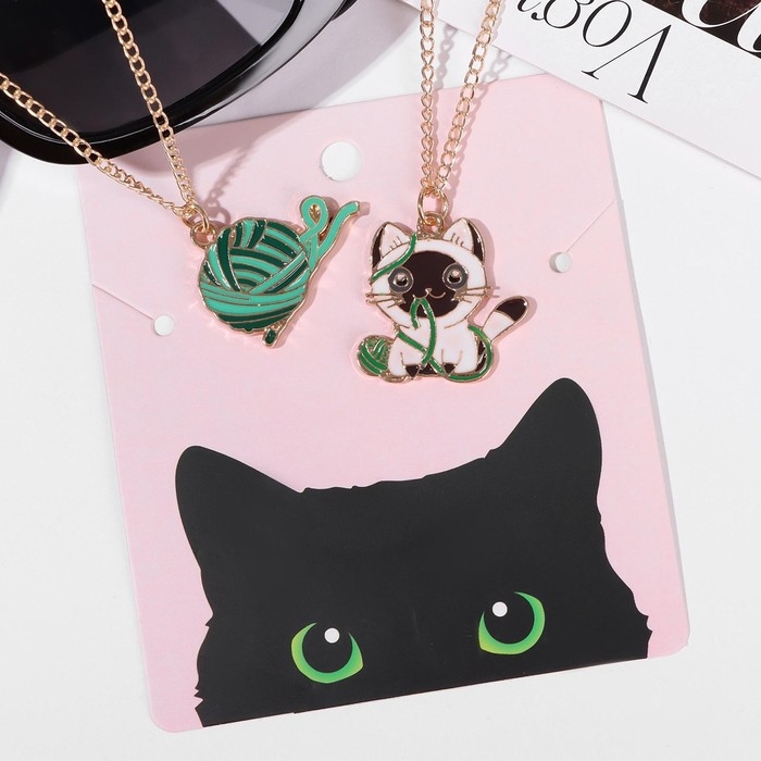 Кулоны &laquo;Неразлучники&raquo; котик с клубочком, цветные в золоте, 45 см