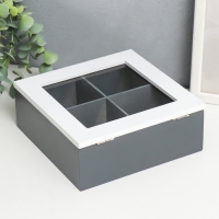 Шкатулка дерево, стекло с делениями "Лист папоротника" бело-серая 18х18х7 см